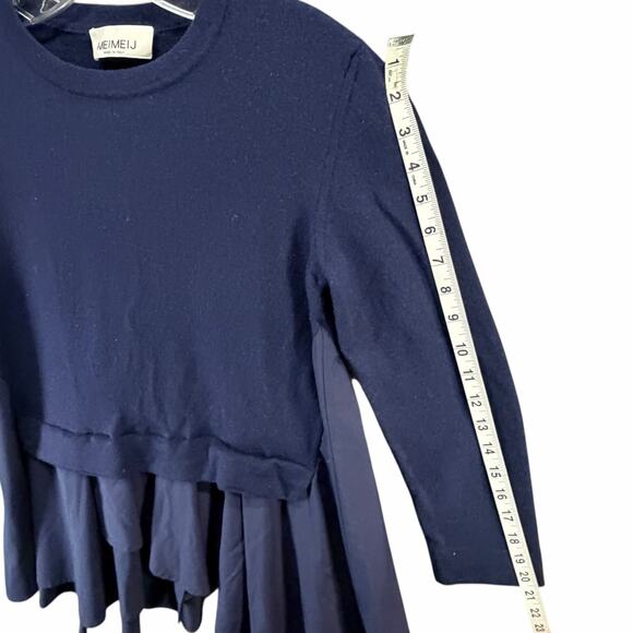 Meimeij Mixed Media Tunic Sweater M Navy Blue Wool Blend Layered Hem Top Luxury - Picture 10 of 16
